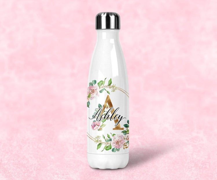 Initial Floral Personalized Name Water Bottle With Lid