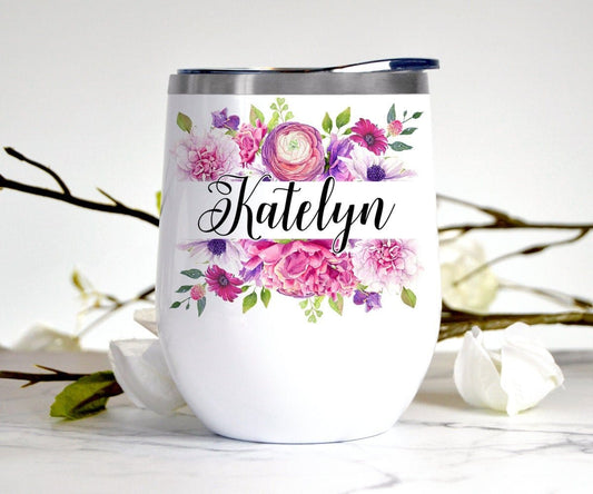 Personalized Flowers Wine Tumbler Bridesmaid Gift Stainless Steel