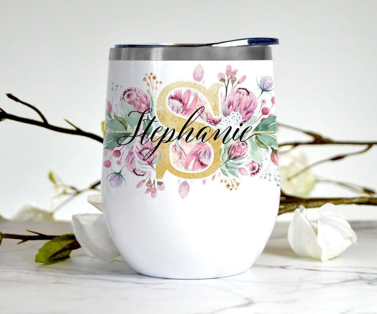 Pink & Gold Floral Wine Tumbler Personalized With Lid Stainless Steel