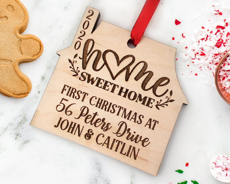 Personalized First Christmas At Address Wood Engraved House Ornament