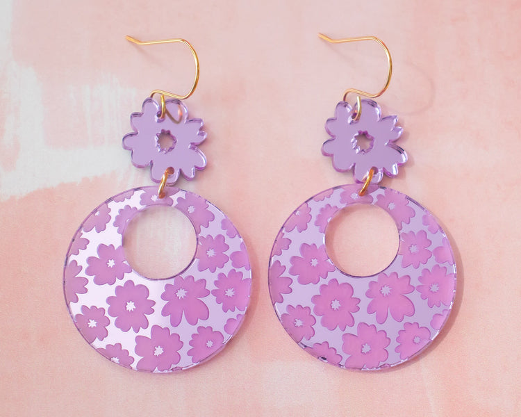 Purple Circle Flower Earrings