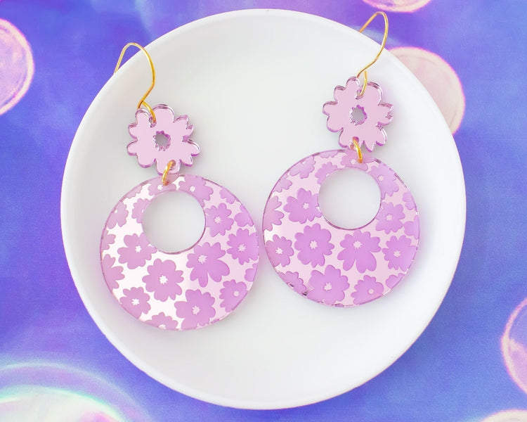 Purple Circle Flower Earrings