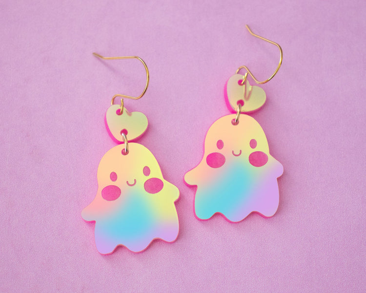 Holographic Cute Ghost Heart Earrings