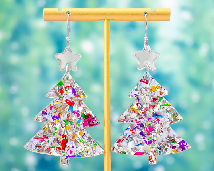 Silver Glitter Christmas Tree Earrings