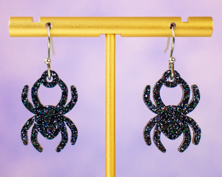 Black Glitter Spider Earrings