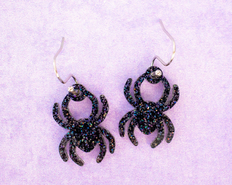 Black Glitter Spider Earrings