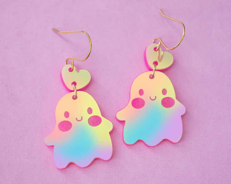 Holographic Cute Ghost Heart Earrings