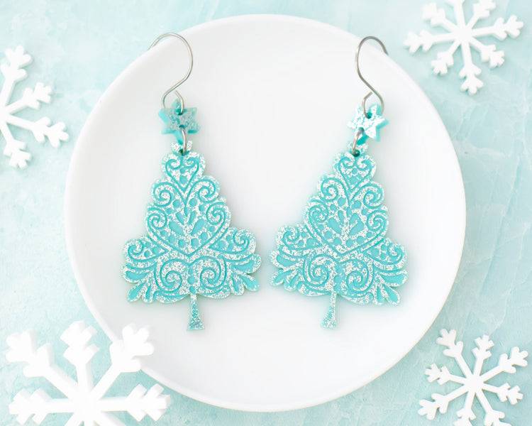 Blue Sparkly Christmas Tree Earrings