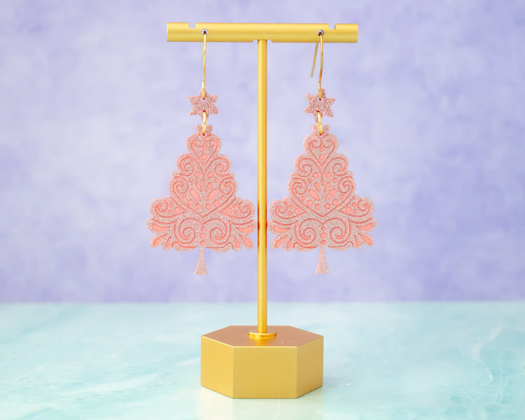 Pink Sparkly Christmas Tree Earrings