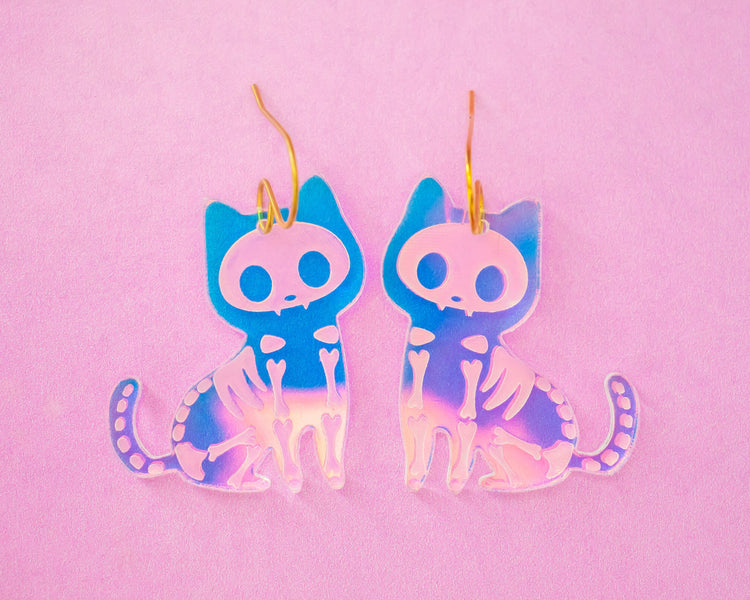 Holographic Skeleton Cat Earrings