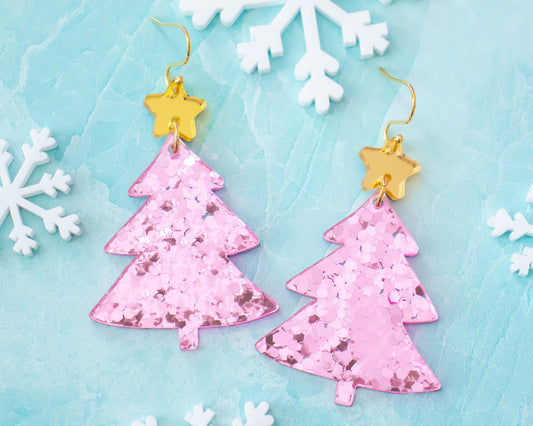 Pink Sequin Christmas Tree Earrings