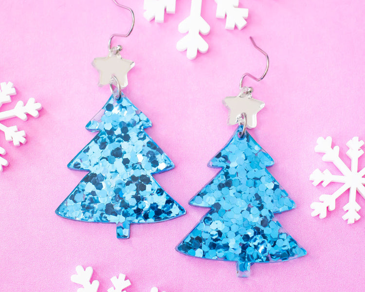 Blue Sequin Christmas Tree Earrings