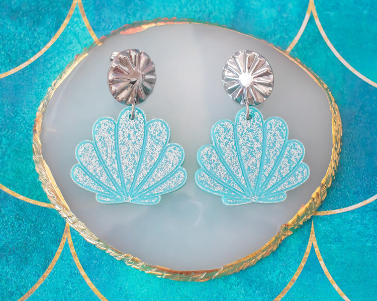 Glitter Blue Sea Shell Earrings