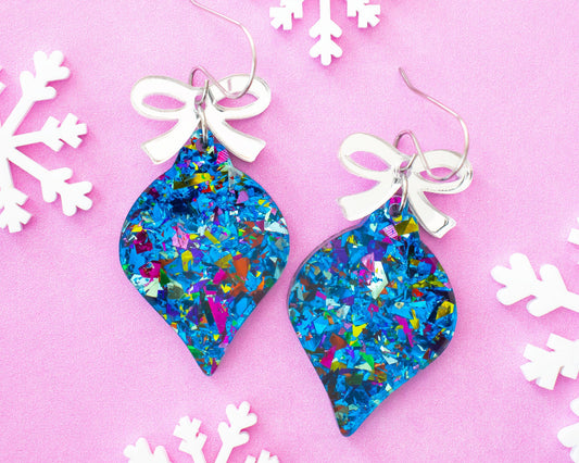 Blue Glitter Christmas Ornament Earrings