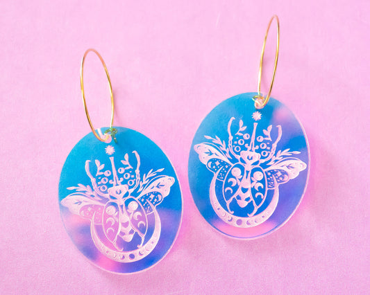 Celestial Beetle Earrings, Holographic Hoops