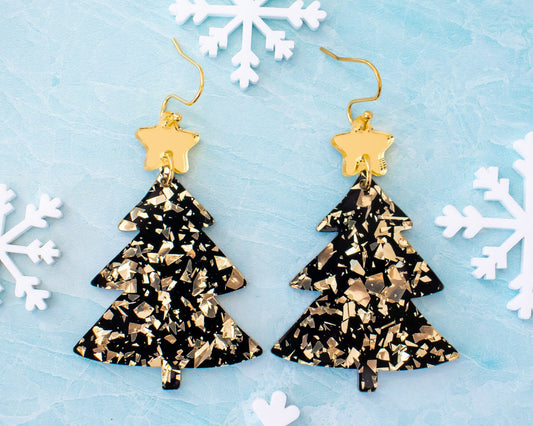 Black and Gold Christmas Tree Earrings